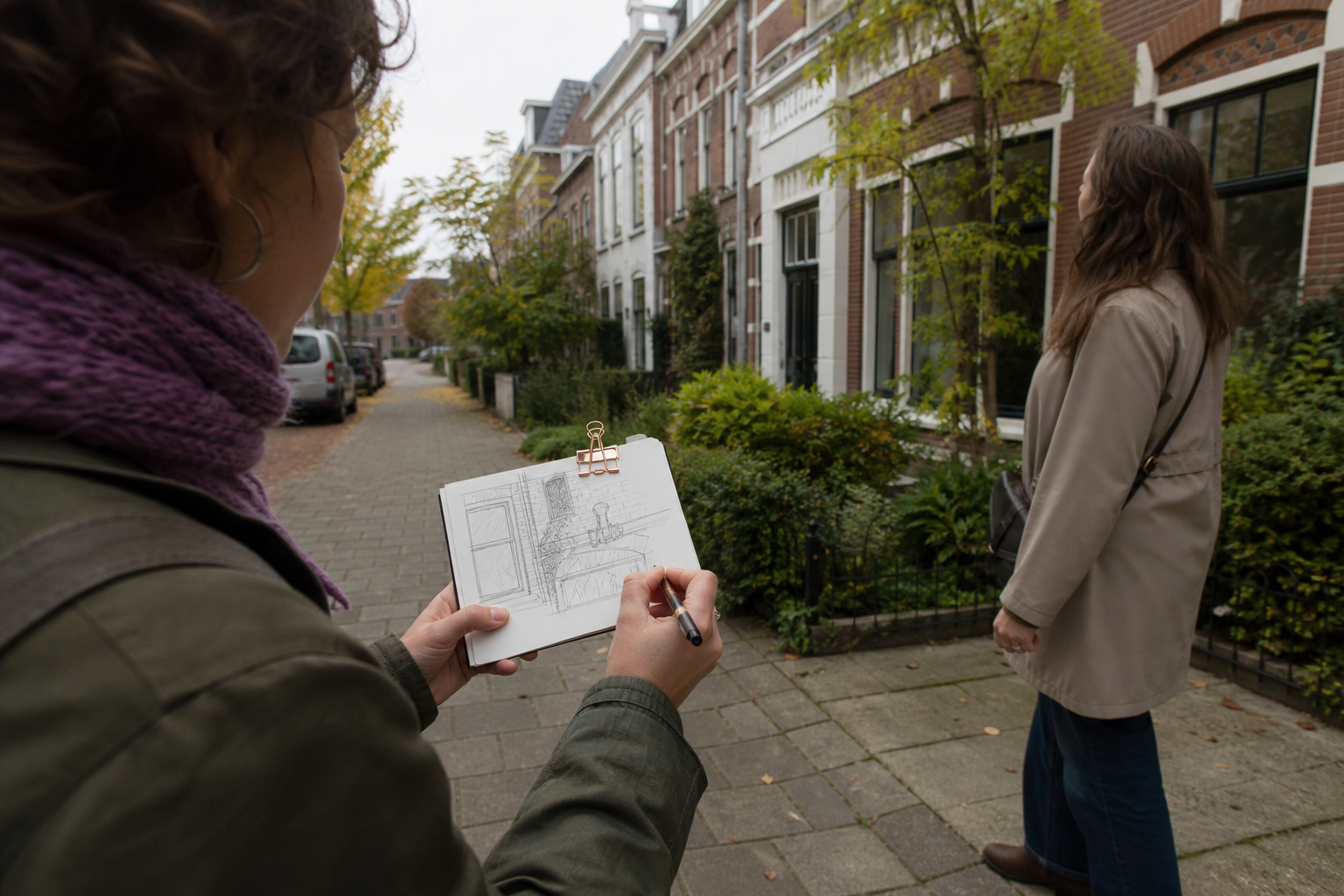 Twee wandelaars bekijken geveldetails terwijl één van hen een schetsboek vasthoudt