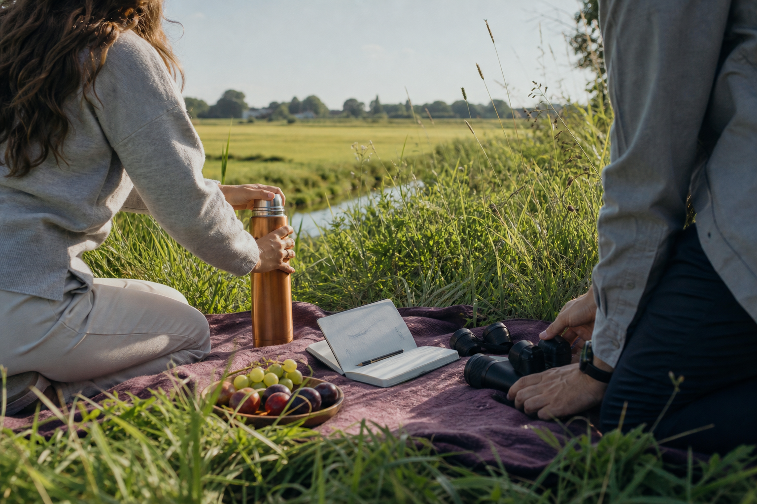 Twee mensen leggen een thermos, verrekijker en schetsboek op een picknickkleed in het gras