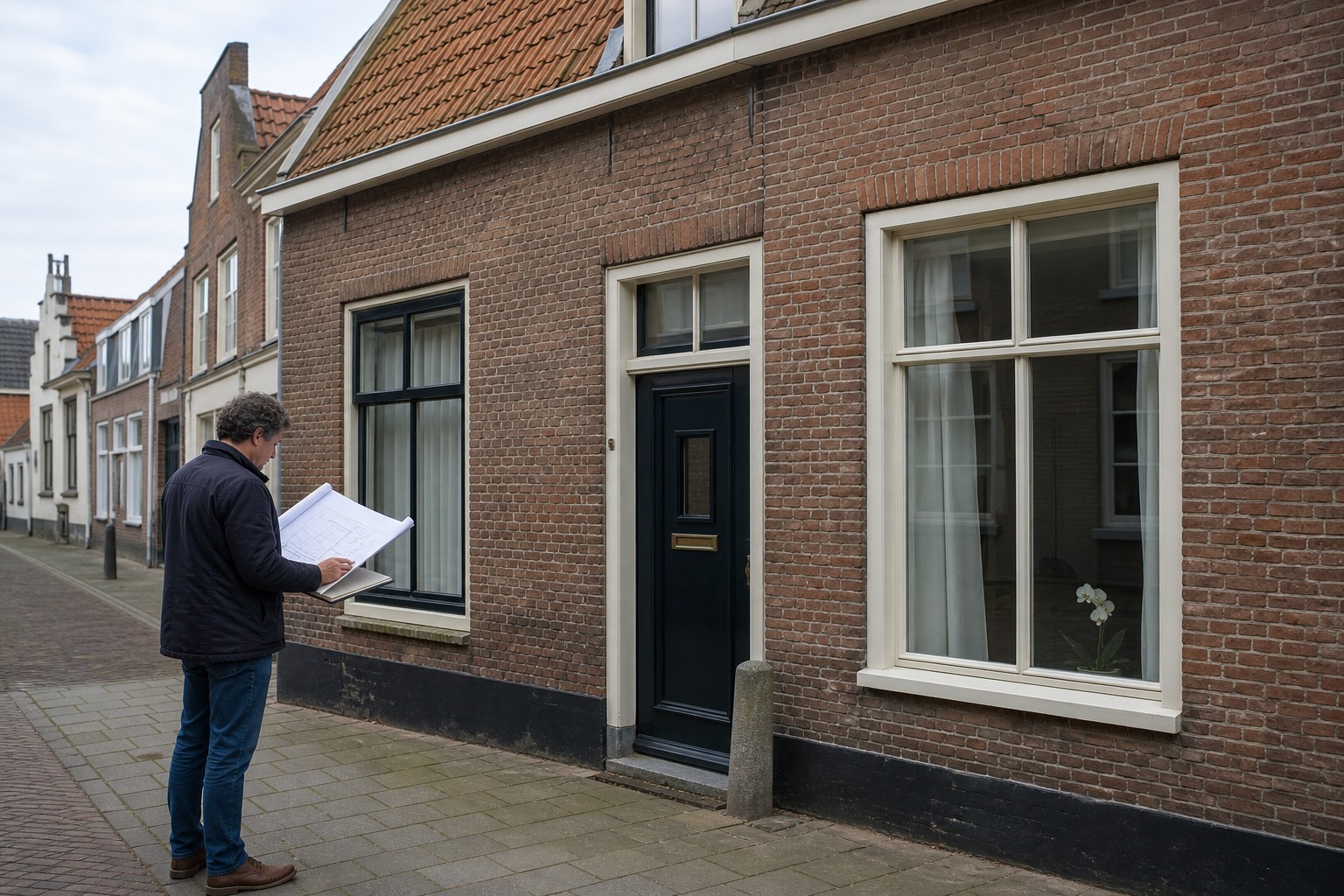 Historische gevel aan een straat in de Vesting van Hellevoetsluis met een bewoner die een kaart bekijkt